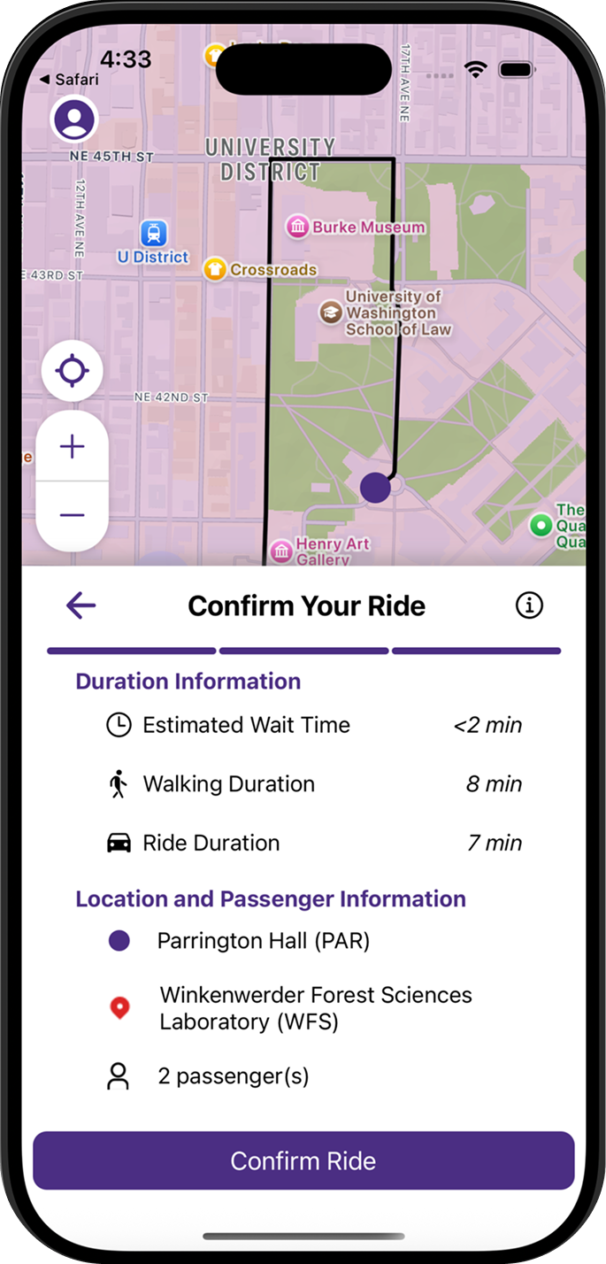 Student ride confirmation screen in the Palana app